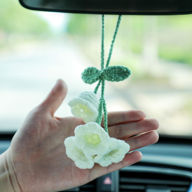 BSMTEBN Car Mirror Hanging Accessories Lily Flower Handmade Knitted Car Pendant Cute Car Decorations for Women Crochet Rearview Mirror Accessories for Decoration Pendant Car Accessories Pendant (White 1) - Image 4